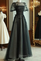 A-Line Black Puff Sleeves Tulle Long Prom Dress, Black Formal Evening Dress