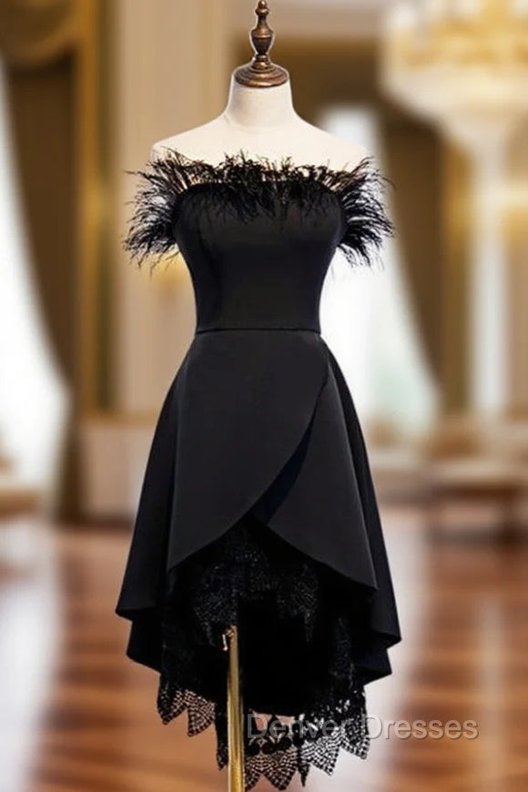 A-Line Black Satin  Lace Of the Shoulder Prom Dress Main image