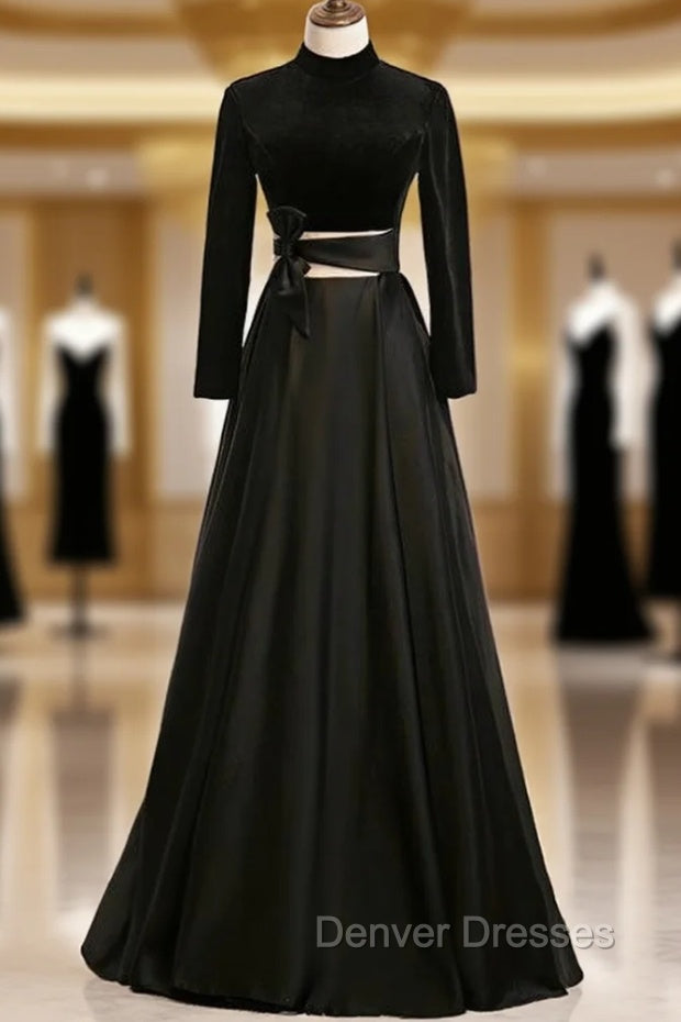 A-Line Black Satin High Neck Long Sleeve Prom Dress Main image