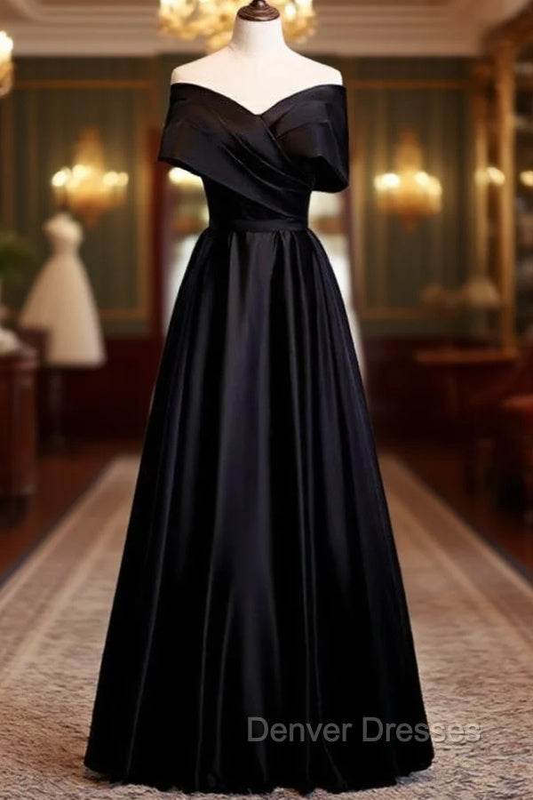 A-Line Black Satin Off the Shoulder Pleats Prom Dress