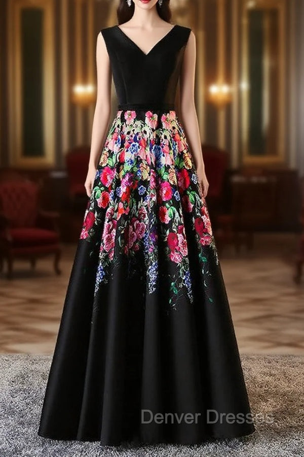 A-line Black Satin Print Prom Dress Main image