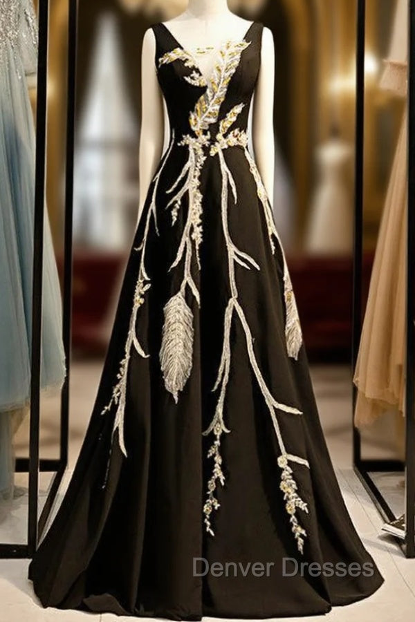 A-Line Black Satin See Through V-neck Appliques Prom Dress Main image