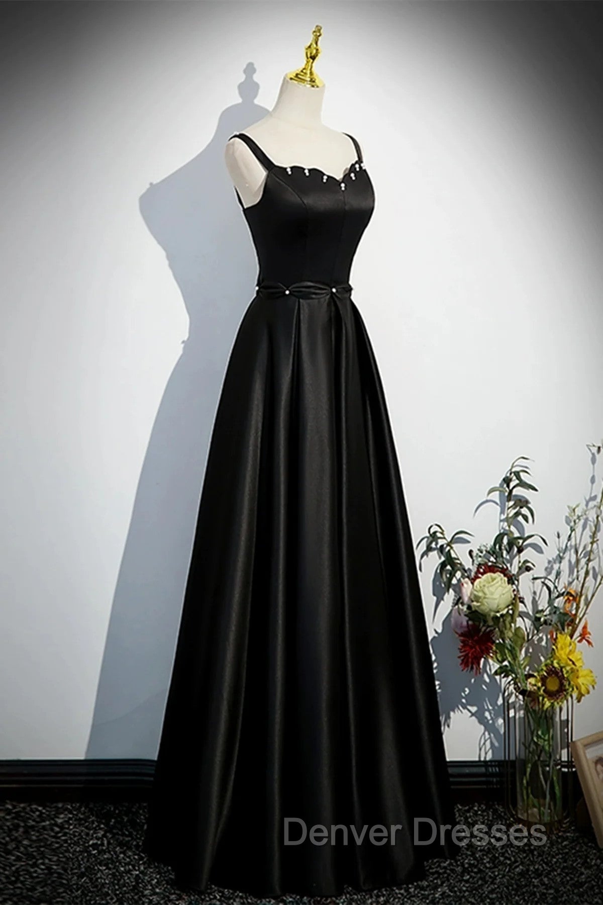 A-line Black Satin Straps Long Formal Dress, Black Simple Prom Dress