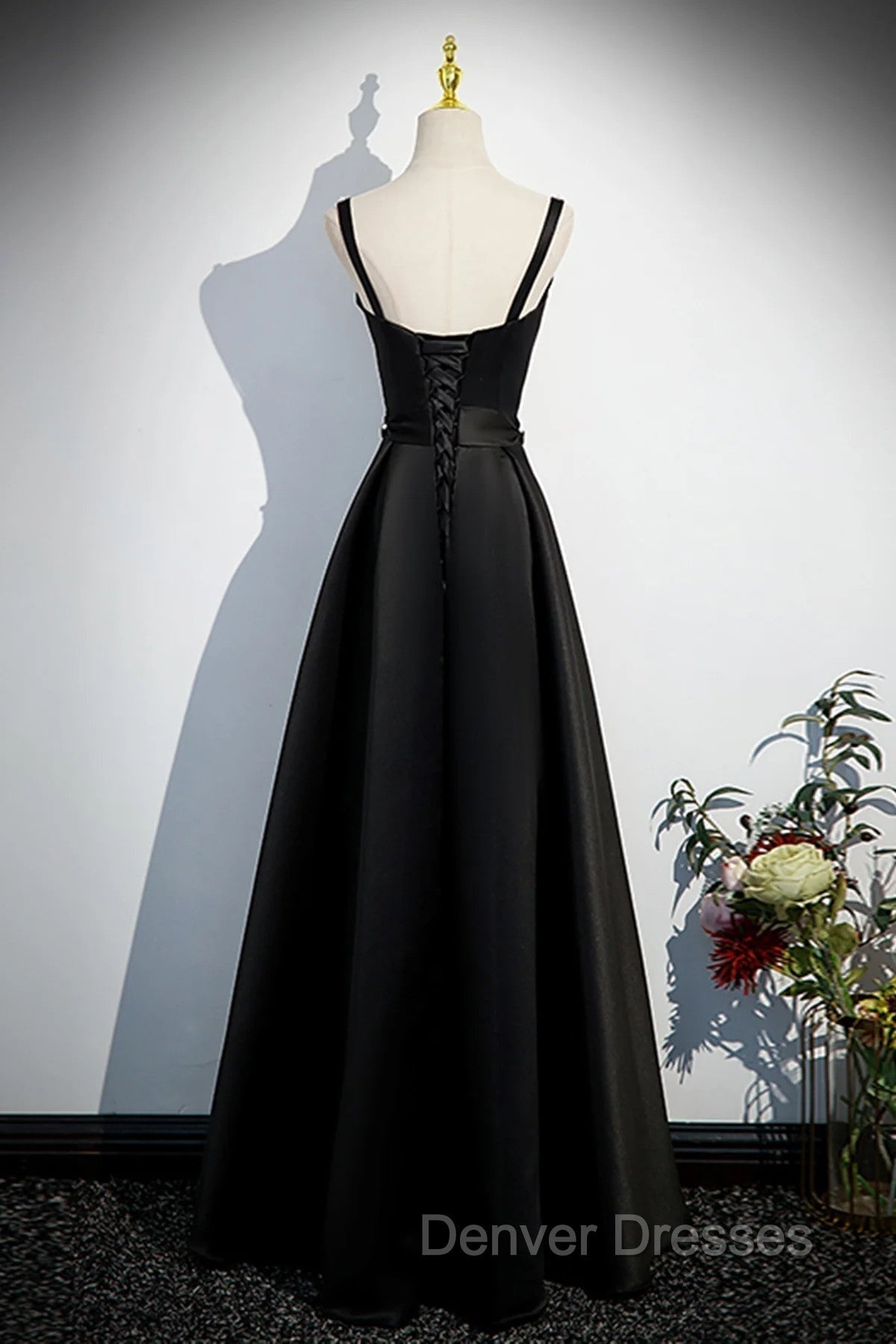 A-line Black Satin Straps Long Formal Dress, Black Simple Prom Dress –  Denver Dresses