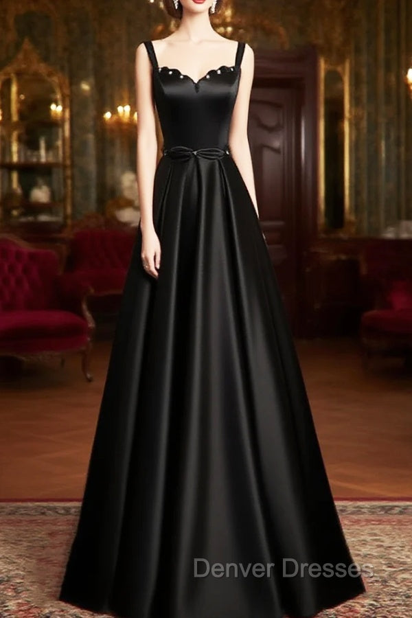 A-line Black Satin Straps Long Formal Dress, Black Simple Prom Dress