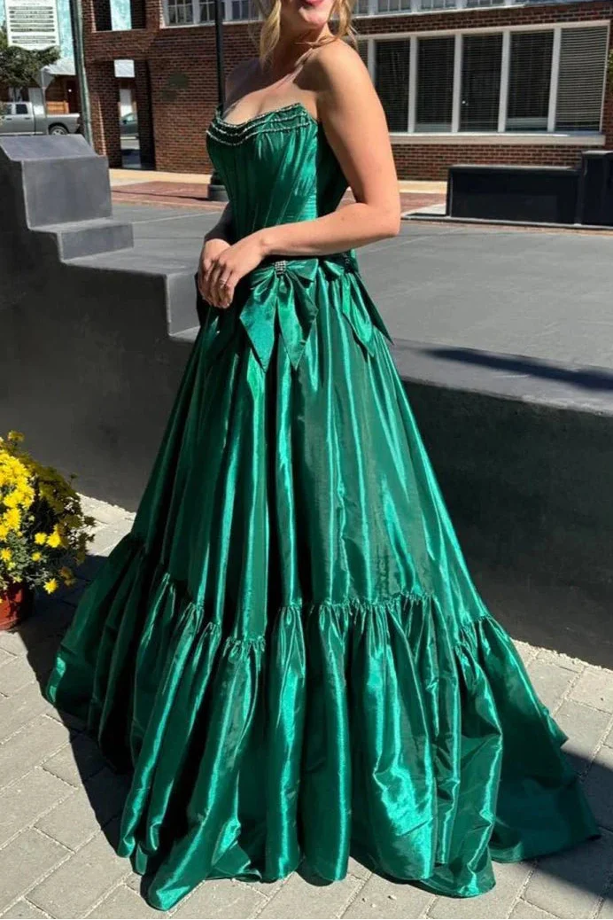 A-Line Black Scoop Neck Satin Long Prom Dress With Bow Knots