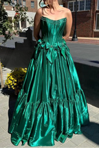 A-Line Black Scoop Neck Satin Long Prom Dress With Bow Knots
