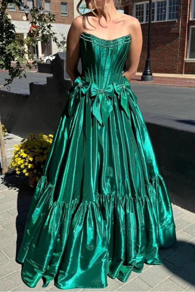 A-Line Black Scoop Neck Satin Long Prom Dress With Bow Knots