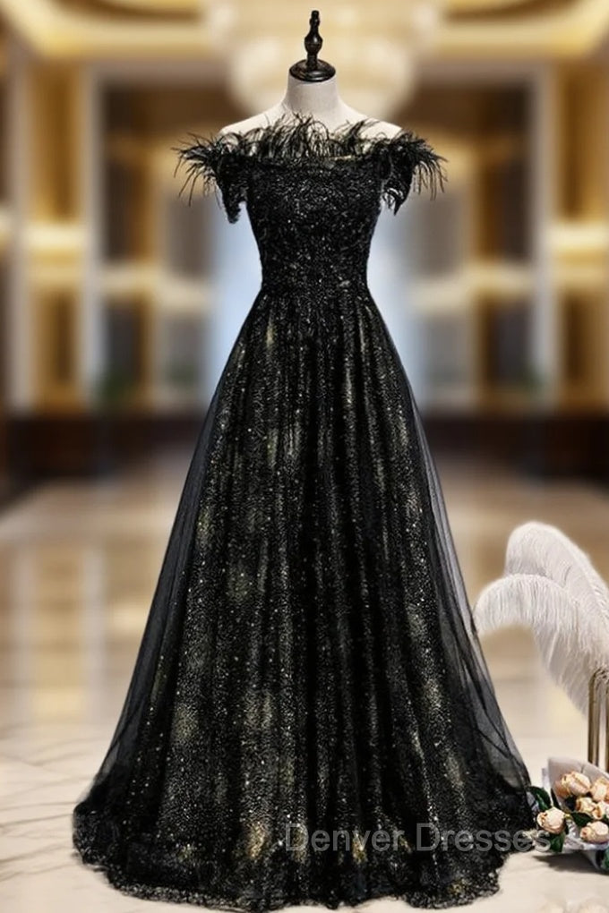 A-Line Black Sequins Off the Shoulder Feather Prom Dress Main image