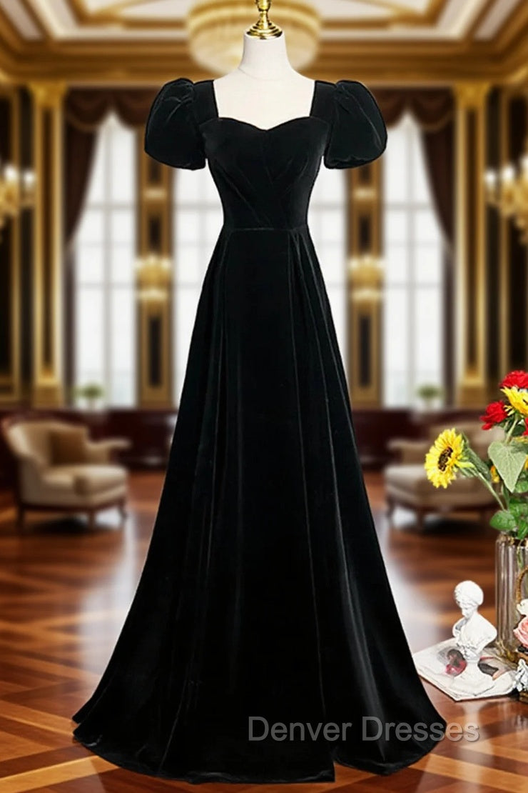 A-line Black Short Sleeves Velvet Long Party Dress, Black Simple Bridesmaid Dress Main image