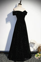A-Line Black Sweetheart Off Shoulder Long Velvet Prom Dress, Black Evening Dress