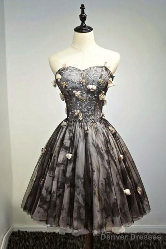 A Line Black Sweetheart Strapless With Flowers Tulle Short School Dress,Homecoming Dress Main image