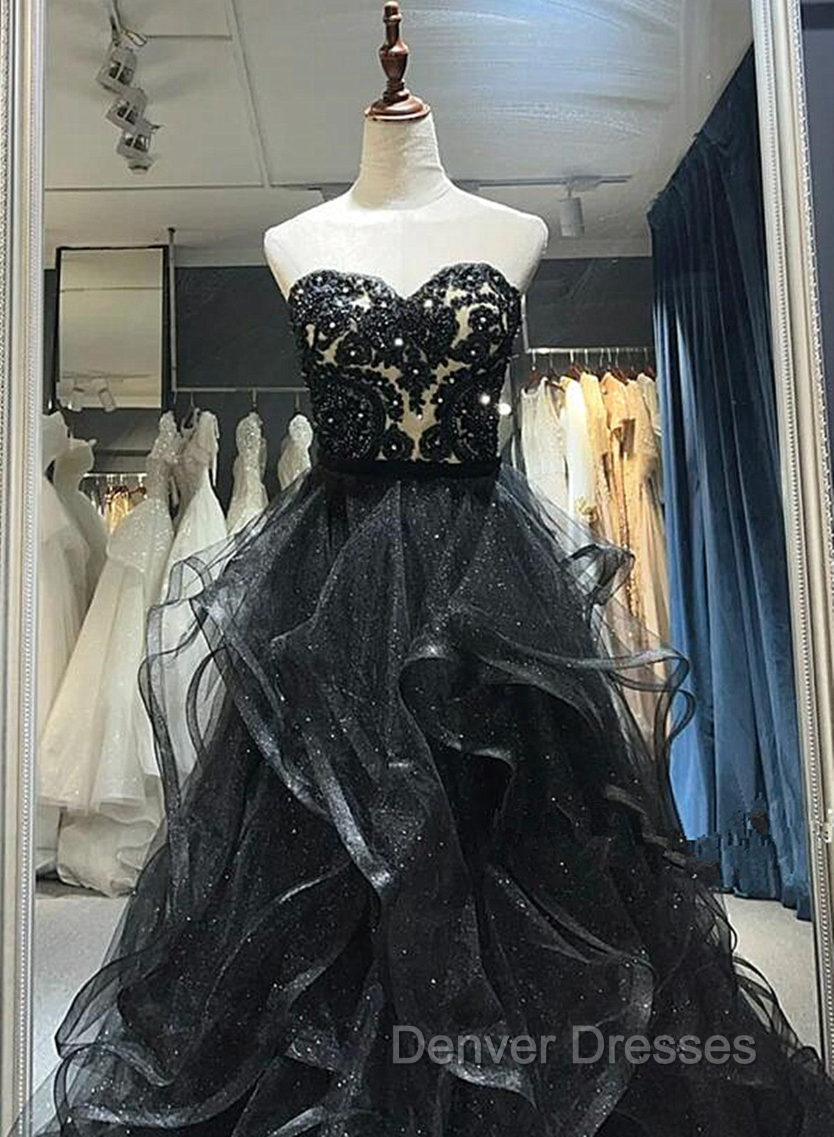 A-line Black Sweetheart Tulle Layers Long Party Dress, Black Tulle Prom Dress