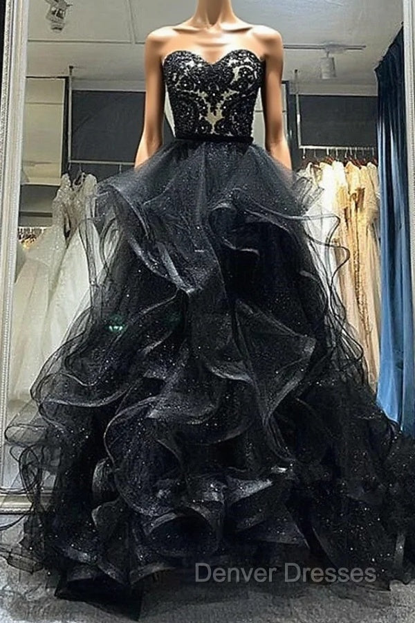A-line Black Sweetheart Tulle Layers Long Party Dress, Black Tulle Prom Dress Main image