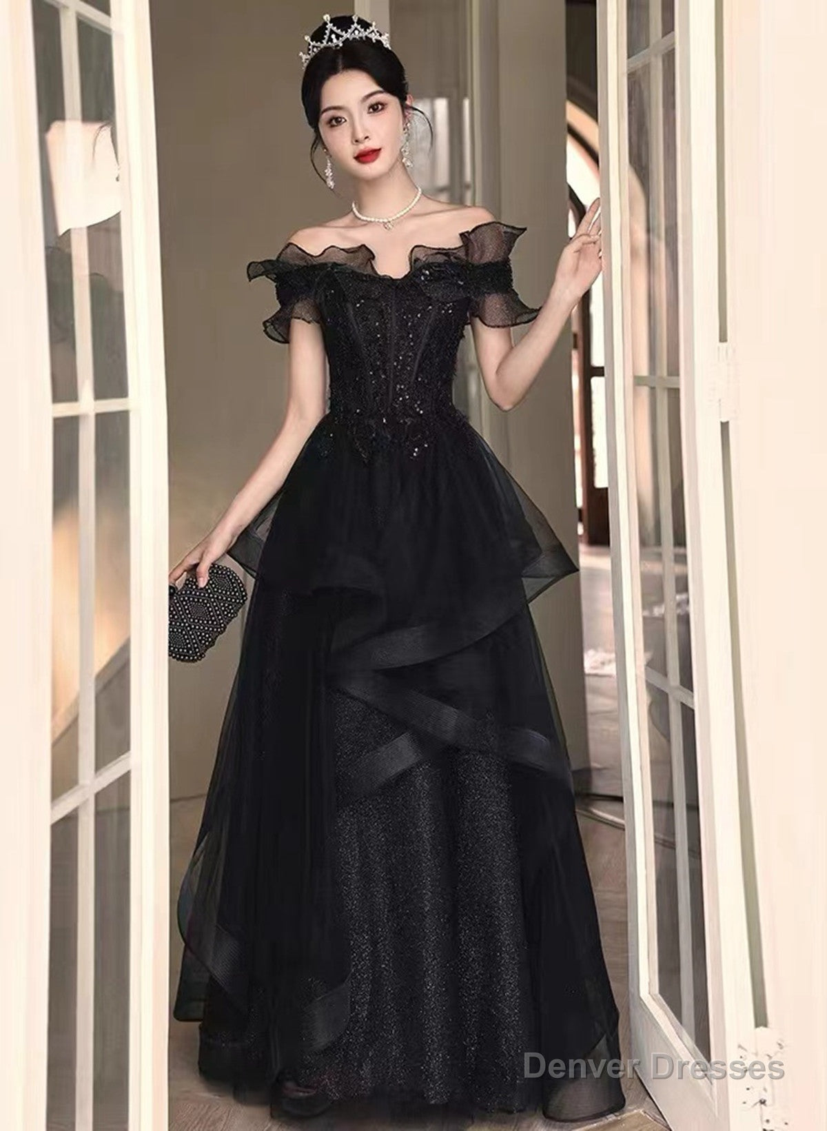 A-line Black Tulle and Lace Off Shoulder Party Dress, Black Long Formal Dress Secondary image
