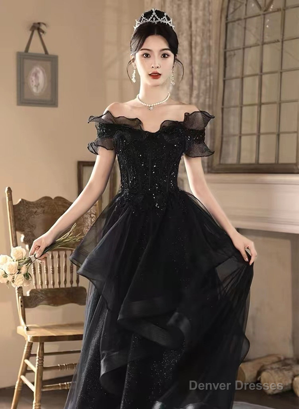 A-line Black Tulle and Lace Off Shoulder Party Dress, Black Long Formal Dress Main image