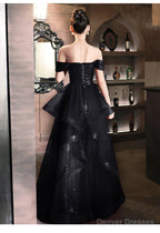 A-Line Black Tulle And Sequins Long Prom Dress With Leg Slit, Black Formal Dress