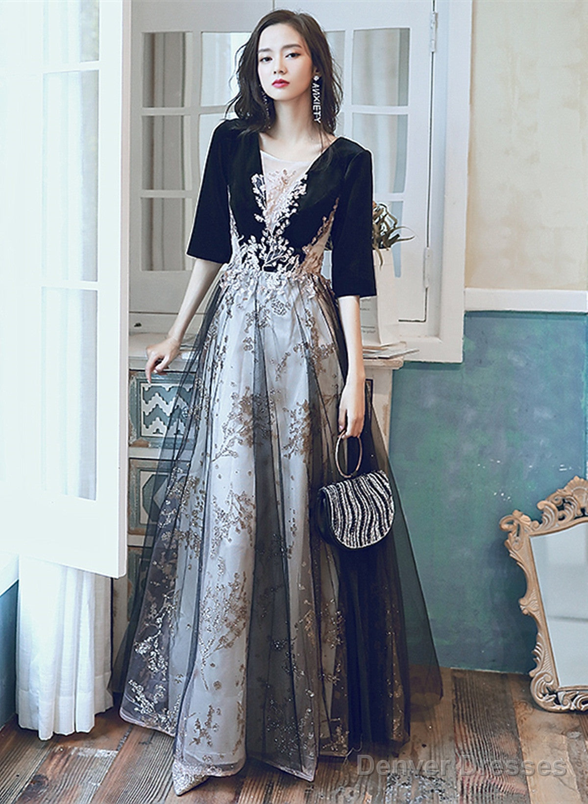 A-Line Black Tulle And Velvet Long Party Dress, Black Prom Dress With Lace Applique Main image