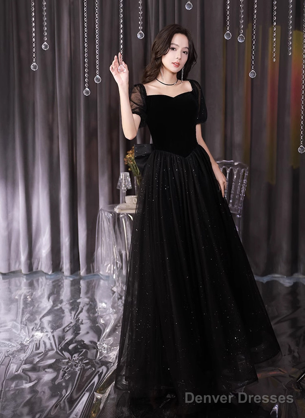 A-Line Black Tulle And Velvet Short Sleeves Prom Dress, Black Evening Dress