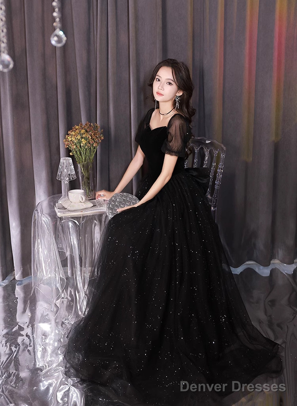 A-Line Black Tulle And Velvet Short Sleeves Prom Dress, Black Evening Dress