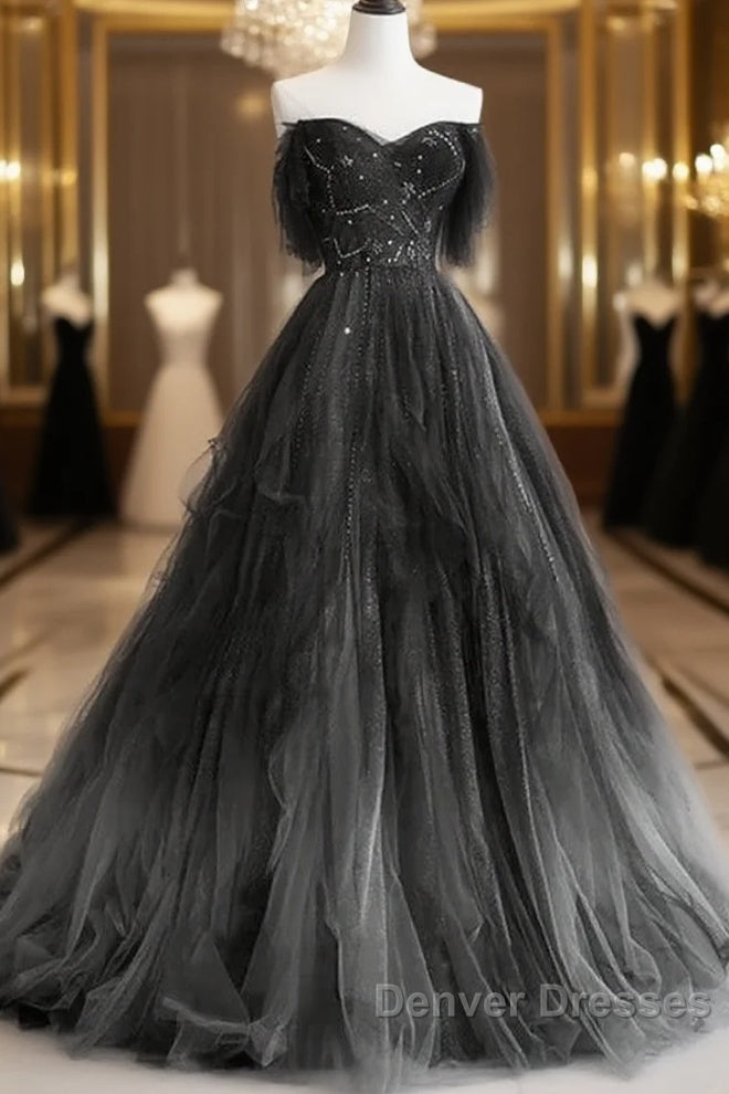 A-Line Black Tulle Ballgown Long Party Dress Beadings Evening Dress Prom Dress