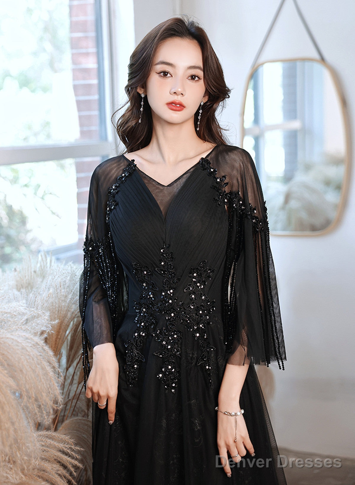 A-Line Black Tulle Beaded Long Formal Dress, Black Tulle Prom Dress Evening Dress Secondary image