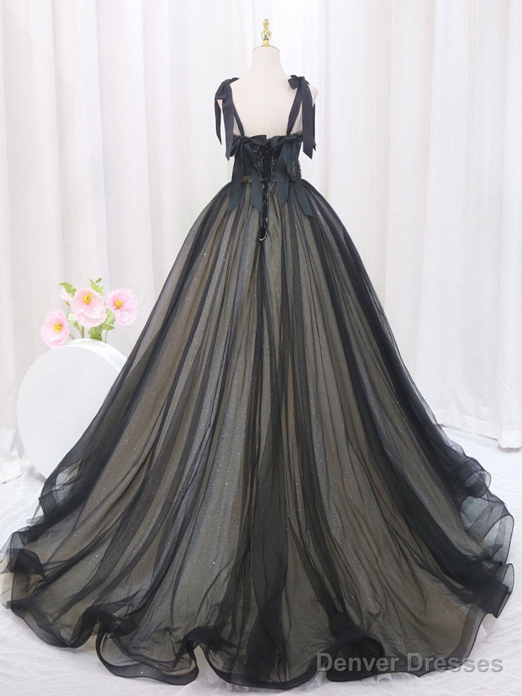 A-Line Black Tulle Lace Long Prom Dresses, Black Long Evening Dresses Secondary image