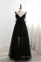 A-Line Black Tulle Long Prom Dress, Black Formal Evening Dress