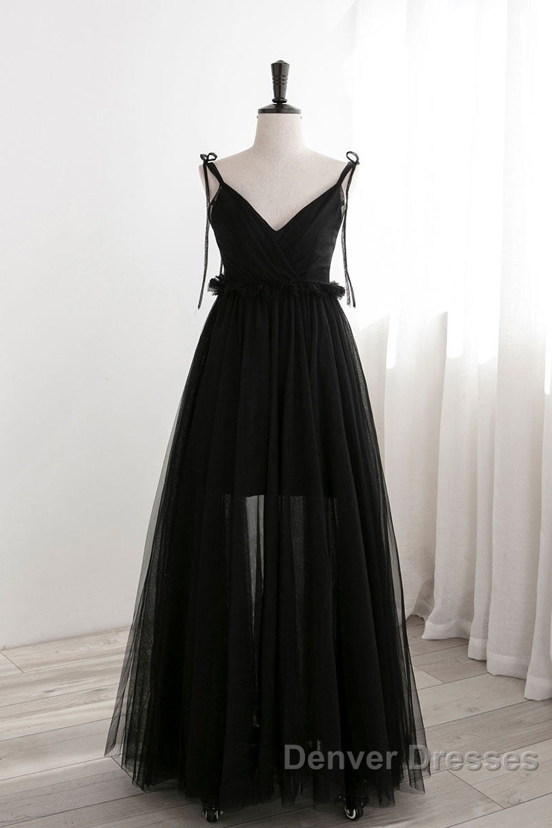 A-Line Black Tulle Long Prom Dress, Black Formal Evening Dress