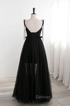 A-Line Black Tulle Long Prom Dress, Black Formal Evening Dress