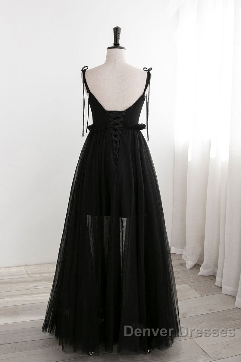 A-Line Black Tulle Long Prom Dress, Black Formal Evening Dress