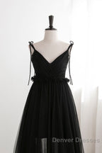 A-Line Black Tulle Long Prom Dress, Black Formal Evening Dress