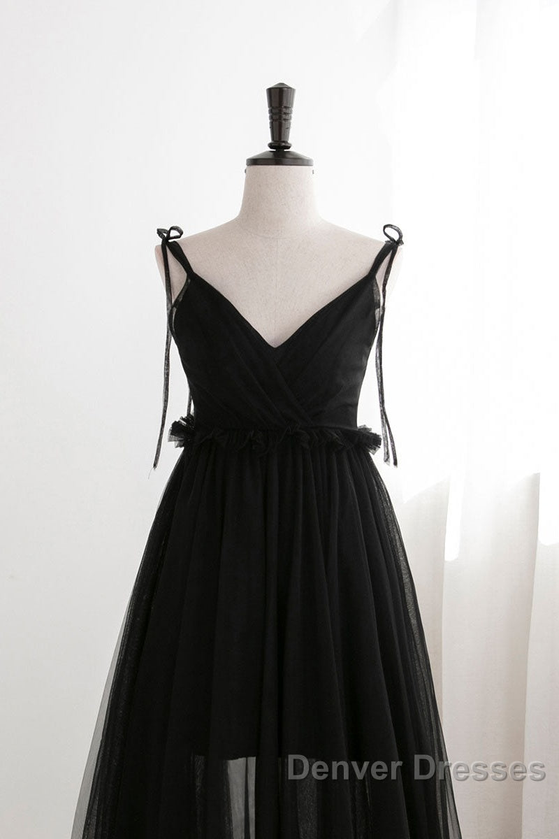 A-Line Black Tulle Long Prom Dress, Black Formal Evening Dress