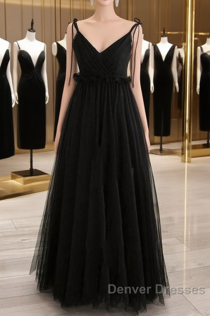 A-Line Black Tulle Long Prom Dress, Black Formal Evening Dress