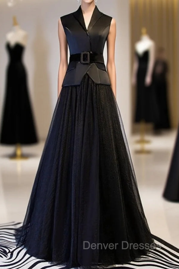 A-Line Black Tulle Satin V-neck Prom Dress With Sash Main image