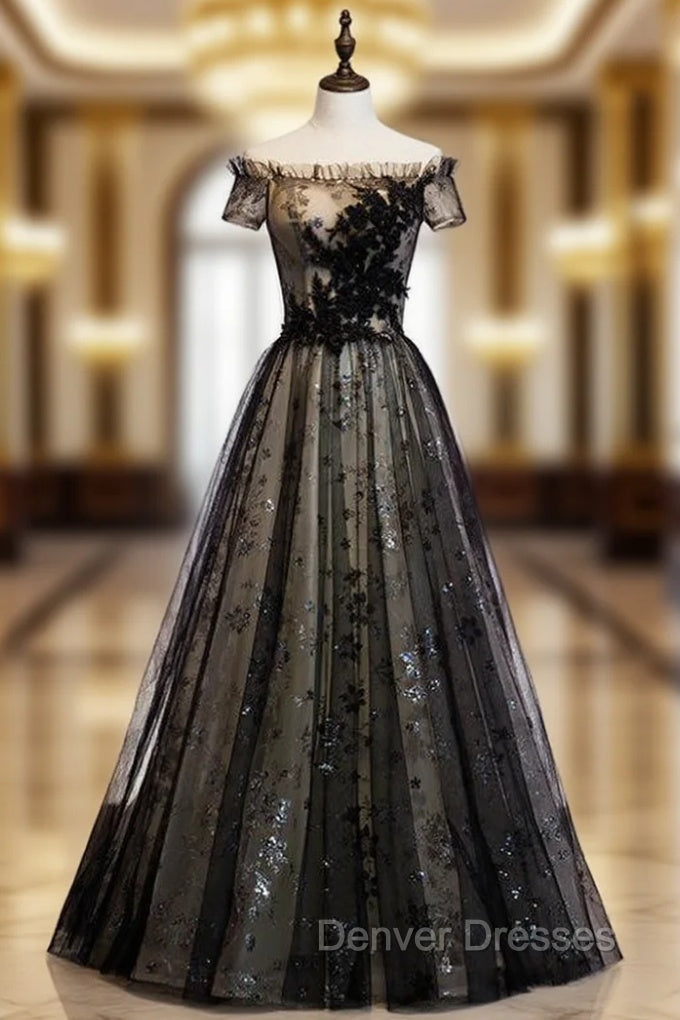 A-Line Black Tulle Sequins Off the Shoulder Long Prom Dress Main image