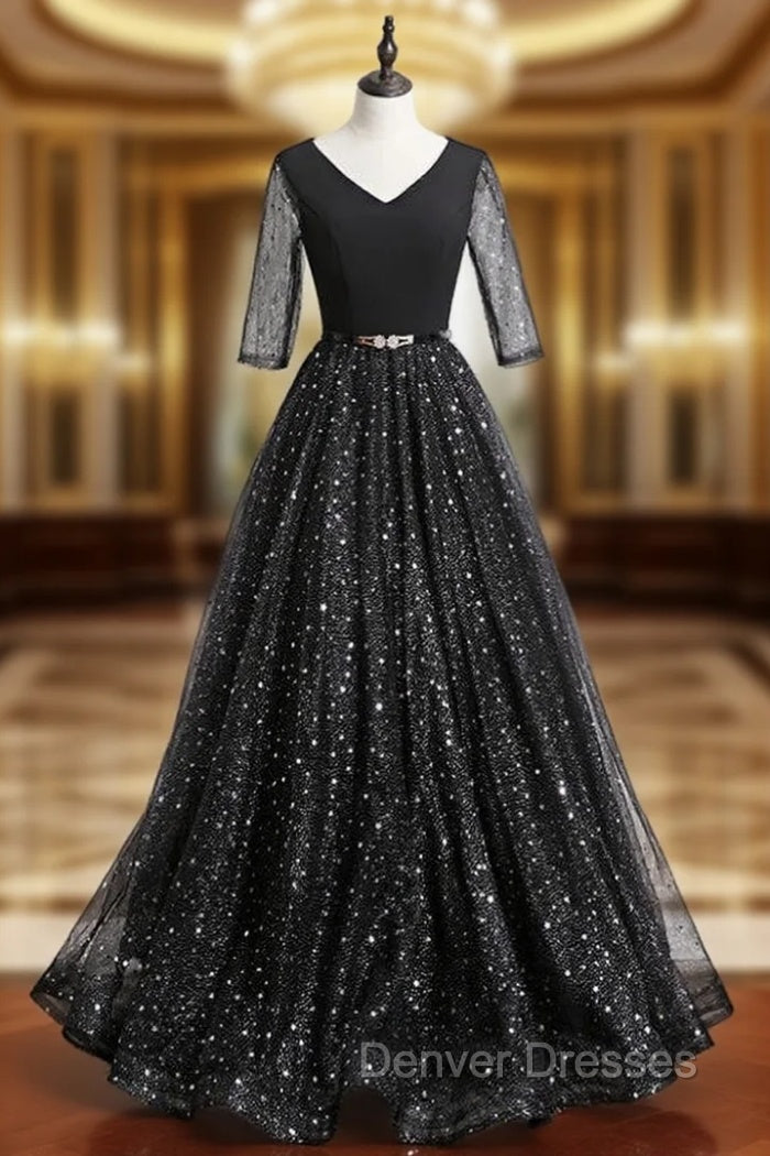 A-Line Black Tulle Sequins V-neck Short Sleeve Prom Dress