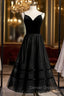 A-Line Black Tulle Spagehtti Straps Tulle Tea Length Prom Dress
