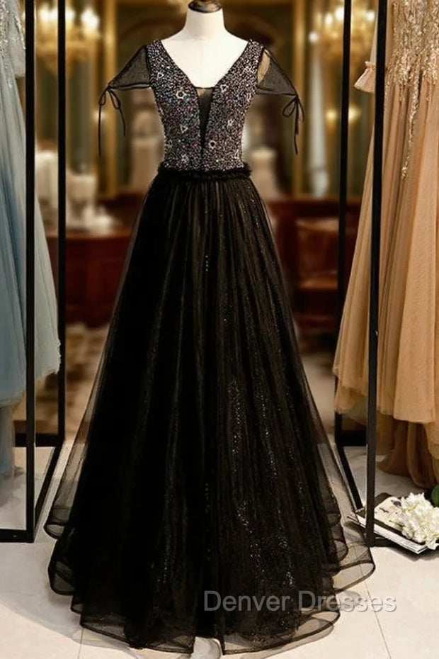 A-Line Black Tulle V-neck Cap Sleeve Beading Prom Dress Main image