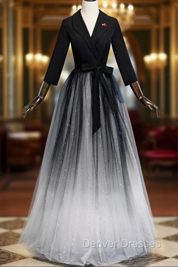 A-Line Black Tulle V-neck Long Sleeve Prom Dress Main image