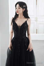 A-Line Black Tulle V-Neckline Straps Long Party Dress, Black Tulle Prom Dress