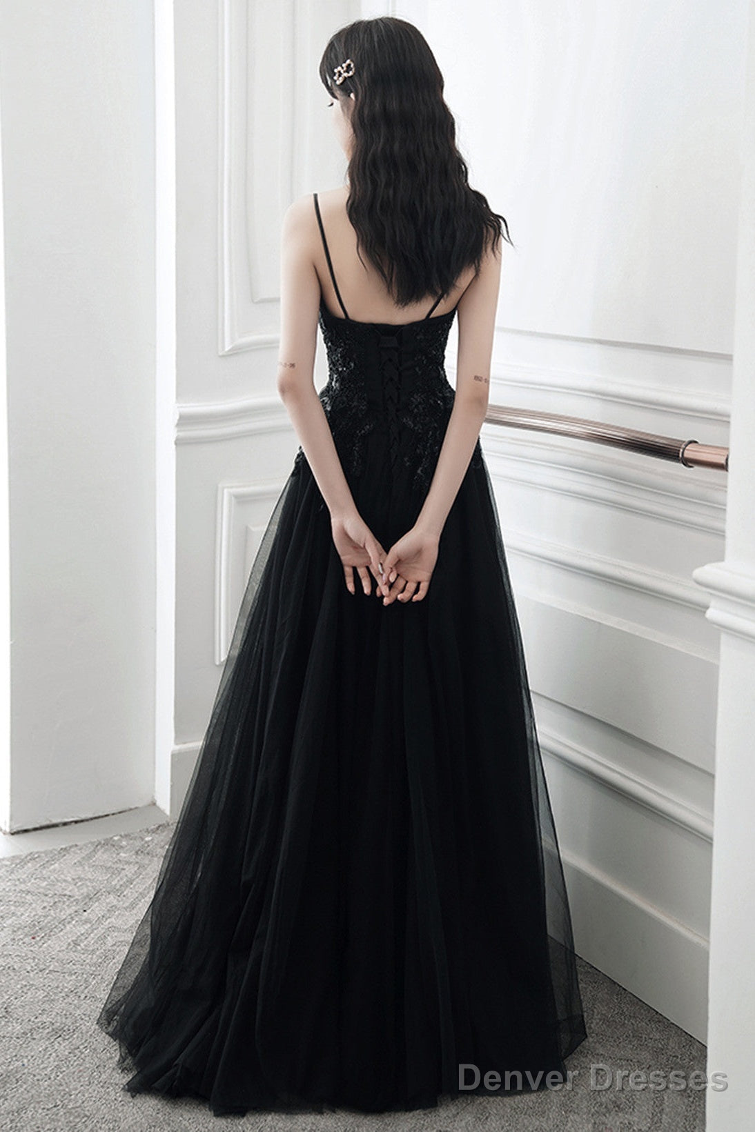 A-Line Black Tulle V-Neckline Straps Long Party Dress, Black Tulle Prom Dress