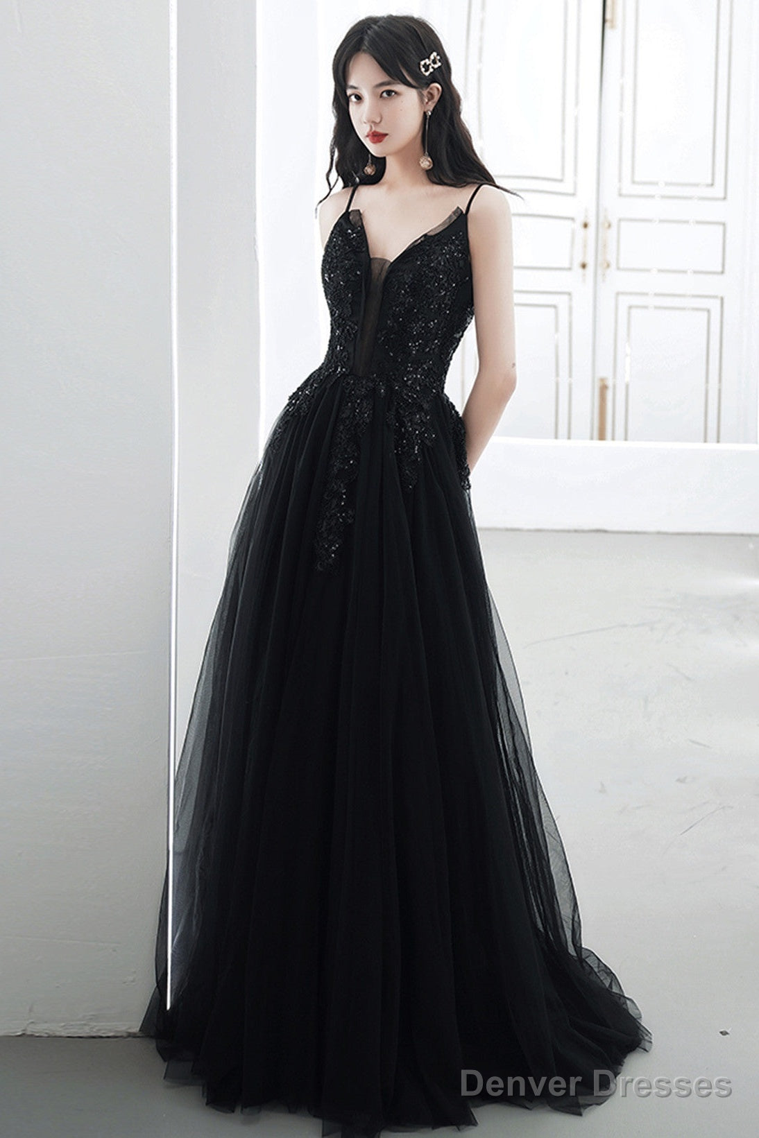A-Line Black Tulle V-Neckline Straps Long Party Dress, Black Tulle Prom Dress
