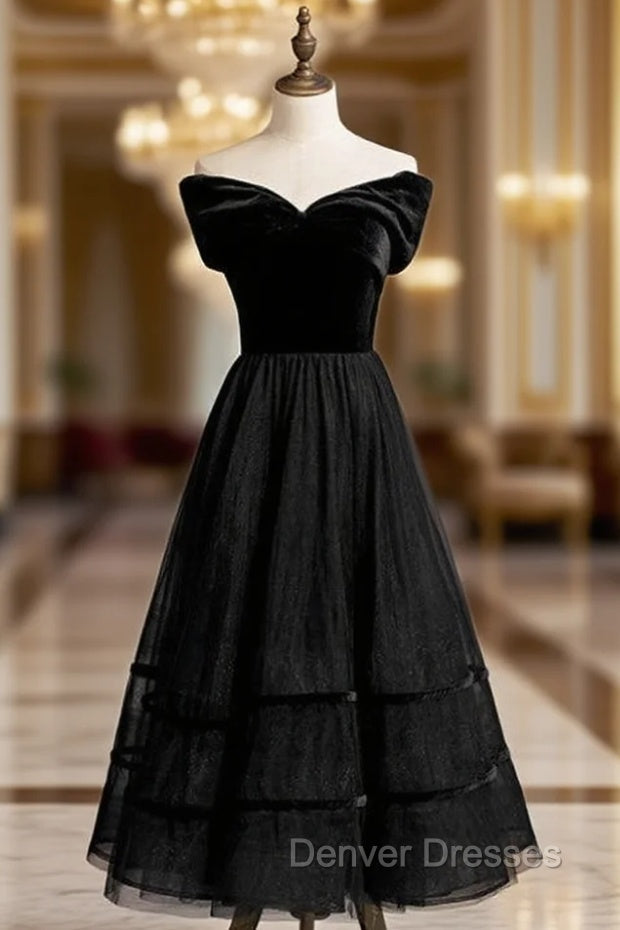 A-Line Black Tulle Velvet Off the Shoulder Tea Length Prom Dress Main image