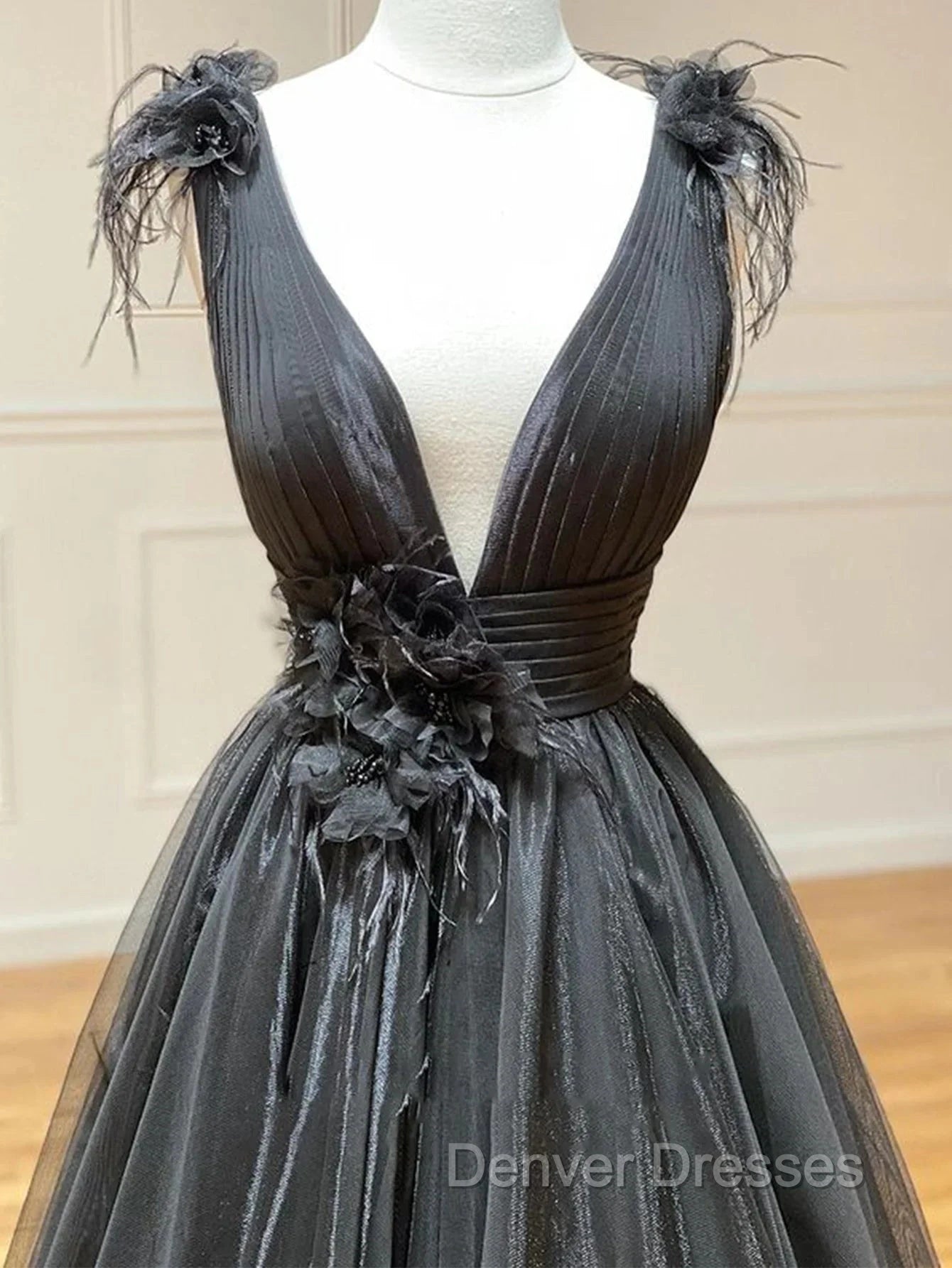 A Line Black V Neck Tulle Long Prom Dress Secondary image