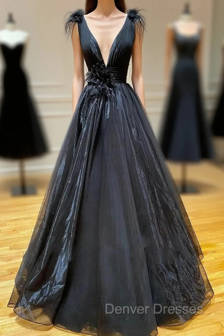 A Line Black V Neck Tulle Long Prom Dress Main image