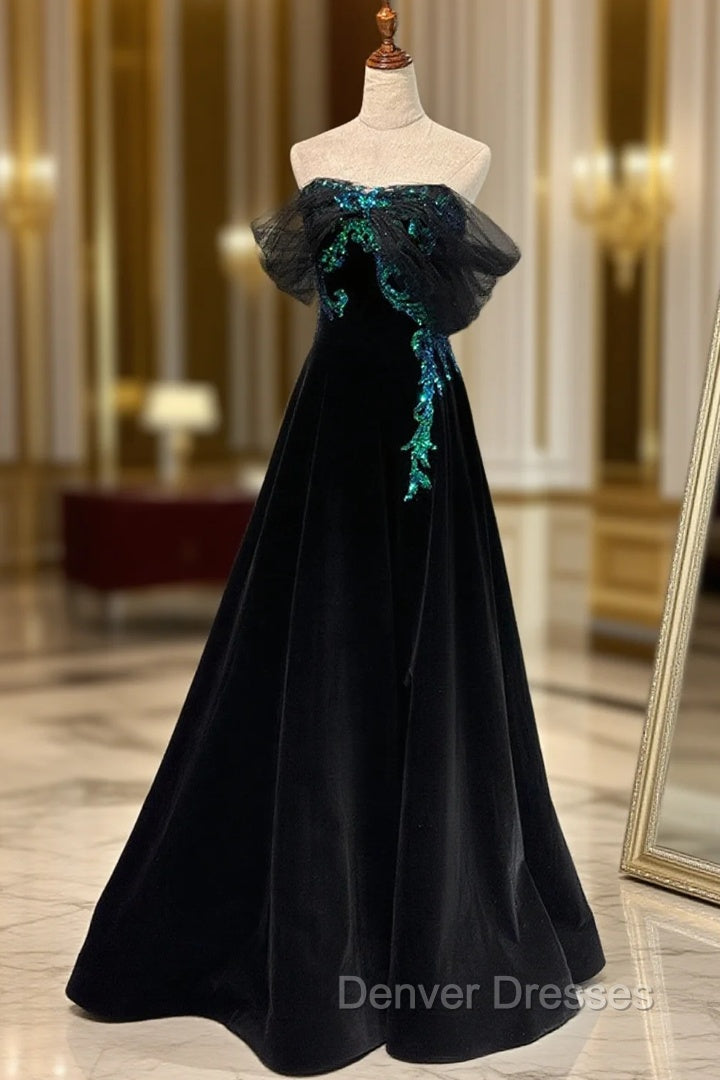 A-line Black Velvet and Tulle Off Shoulder Party Dress, Black Long Prom Dress Main image