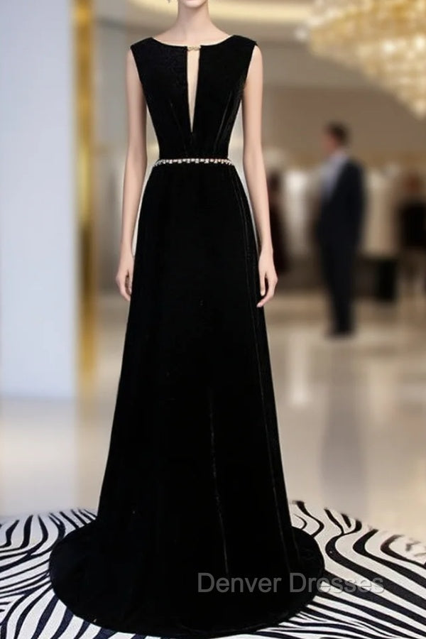 A-Line Black Velvet Backless Prom Dress With Beading Main image