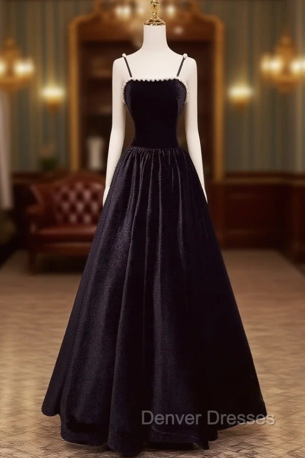 A-Line Black Velvet Floor-Length Prom Dress, Pearls Spaghetti Straps Long Party Dress Main image