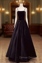 A-Line Black Velvet Floor-Length Prom Dress, Pearls Spaghetti Straps Long Party Dress
